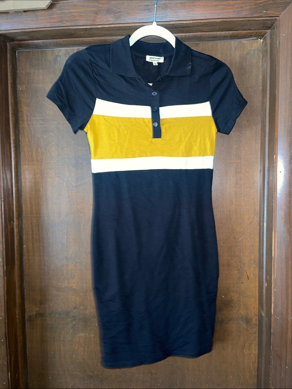 Heart Hips Black Polo Dress with Mustard and White Stripes